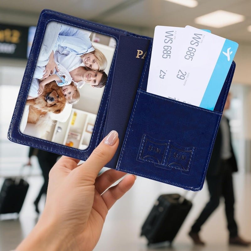RHOttbiy Passport Holder for Travel, RFID Blocking Passport Cover with Pen Holder Leather Passport Wallet Case Travel Must Haves Accessories Passport Book Card Holder for Family Travel Essentials, Dark Blue - Image 2